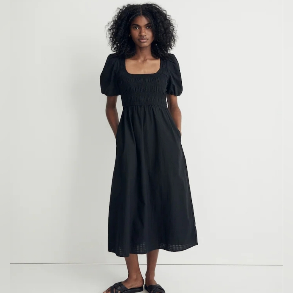 Madewell Lucie Puff Sleeve 100% Cotton Black Smocked Midi Dress Size 4
